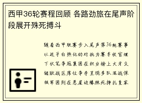 西甲36轮赛程回顾 各路劲旅在尾声阶段展开殊死搏斗